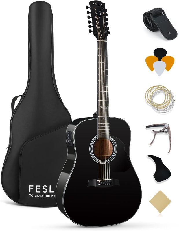 Photo 1 of 12 String Guitar, 42" Full Size Acoustic Electric Guitars for Beginners Adults, Spruce Top Guitarra Acustica, Guitar Bundle with Gig Bag, Picks, Strings, Strap, Black