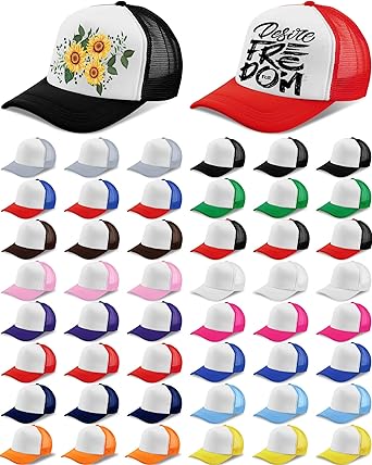 Photo 1 of Didaey 48 Pcs Unisex Sublimation Blank Mesh Trucker Hat with 16 Colors Bulk DIY Adjustable Plain Polyester Baseball Caps Colored Summer Trucker Caps for Men Women Embroidery Printing Outdoor Sports

