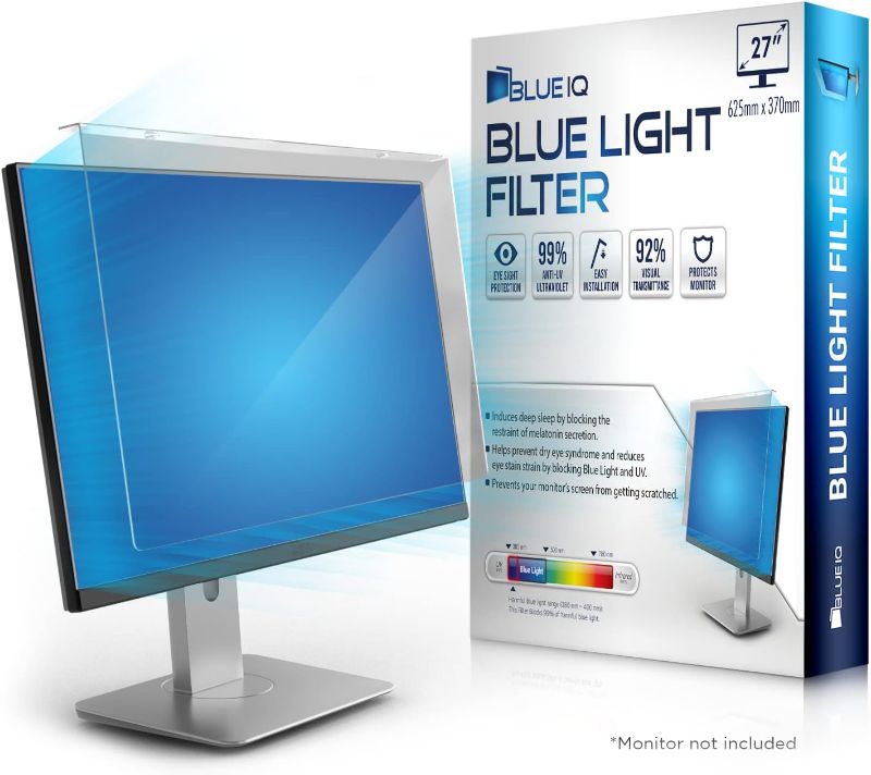 Photo 1 of BlueIQ 26-27 inch Computer Blue Light Blocking Screen Protector Anti-UV Eye Protection Filter Film for Diagonal 26,27 inch 16:9/16:10 Widescreen Desktop PC LED Monitor Panel(24.60"x14.56"LxW)
