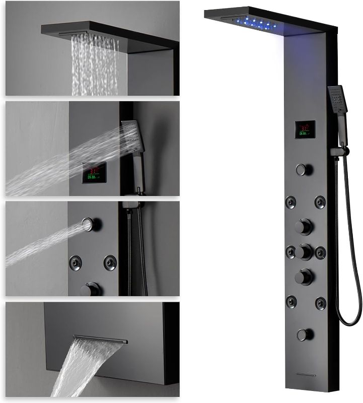 Photo 1 of LED Gold Shower Tower 304 Stainless Steel 4 In 1 Shower Panels System with Rainfall Shower Waterfall Bath Tub Fauc Rain Massage Body Jets for Home Hotel Resort Bathroom Lavatory Wash Black Brushed Gold