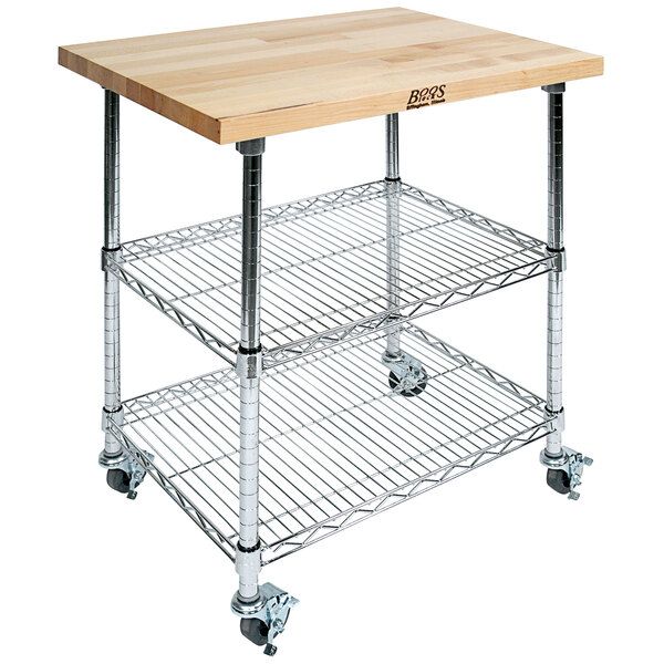 Photo 1 of  Two-Shelf Chrome Wire Utility Cart with Wood Top