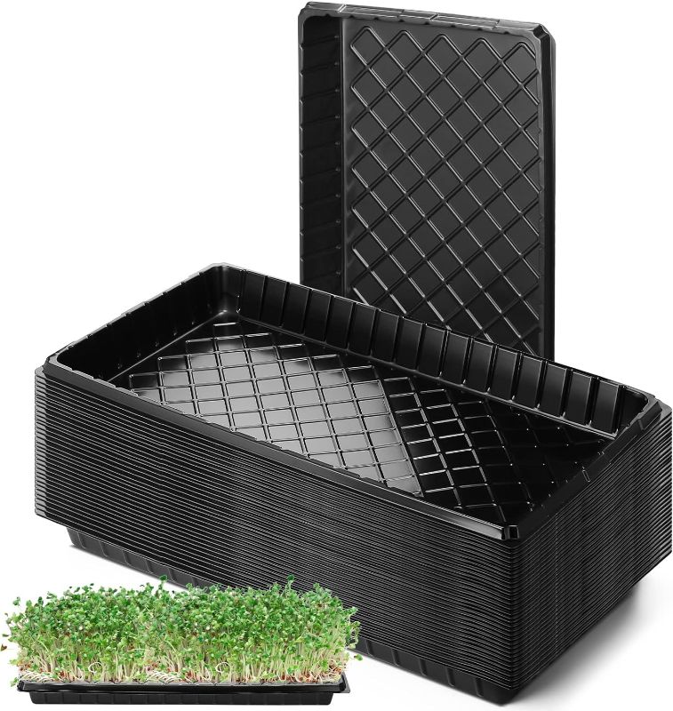 Photo 1 of 100 Pcs Plant Growing Trays Garden Seed Starter Grow Trays No Drain Hole 21x11x2 Inch Black Propagation Tray for Indoor Plastic Container for Flowers Wheatgrass Seed Starter Sprouts Microgreens