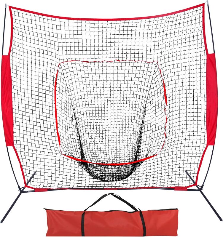 Photo 1 of 7' x 7' Baseball Softball Practice Net Batting Catch Pitching Training Net w/Carrying Bag and Metal Bow Rack, Flap Baseball Equipment Training Aids
