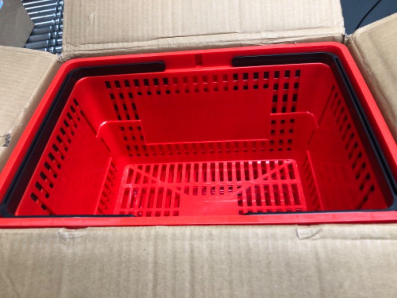 Photo 2 of 12 Pcs Shopping Baskets 20 L Plastic Shopping Baskets with Handles 16.9 * 11.8 * 9.1 Inches Store Baskets Retail Baskets with Handles for Market Grocery Supplies Thrift Convenience Storage (Red)