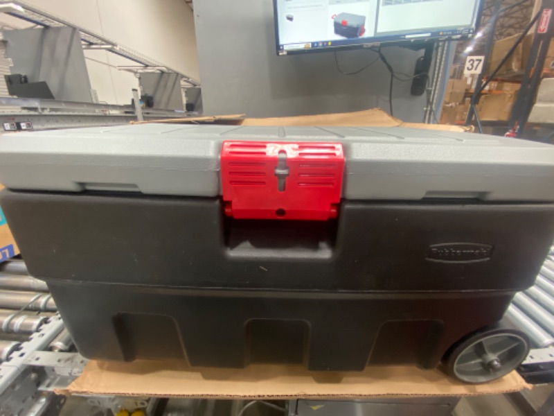 Photo 2 of ***USED - NO HANDLES***
Rubbermaid ActionPacker 35 Gal Wheeled Lockable Storage Bin with Lid, 35.25 in. L x 20.0 in. W x 17.25 in. H