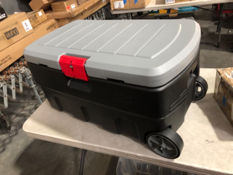 Photo 4 of ***USED - NO HANDLES***
Rubbermaid ActionPacker 35 Gal Wheeled Lockable Storage Bin with Lid, 35.25 in. L x 20.0 in. W x 17.25 in. H