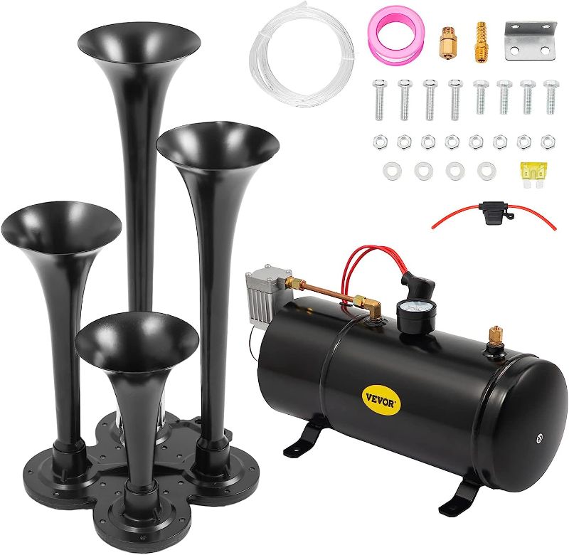 Photo 1 of 150DB Train Horns Kit for Trucks Super Loud with 120 PSI 12V Air Compressor 4 Trumpet Air Horn Compressor Tank For Any Vehicle Trucks Car Jeep Or SUV (Black)