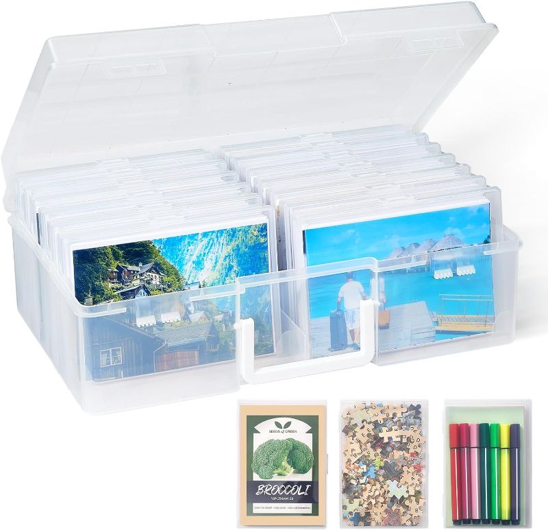 Photo 1 of (MINOR DAMAGE) Lifewit Photo Storage Box 4x6 Photo Case, 14 Inner Photo Keeper, Clear Photo Boxes Storage with 1 Sheet Label Sticker, Plastic Craft Storage Box with lids for Cards Pictures Stamps Office Supplies
