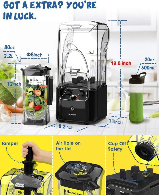 Photo 3 of (READ FULL POST) CRANDDI Quiet Commercial Blender with Soundproof Shield, 2200 Watt Professional Blenders for Kitchen with 80oz Jar and Self-Cleaning, High-Speed Blenders K90 Black