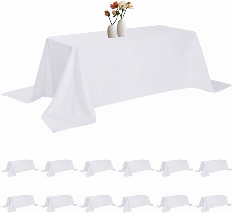 Photo 1 of 12 Pack Rectangle Tablecloth 90 x 156 Inches White Table Cloth Stain and Wrinkle Resistant Washable Polyester Fabric Table Cover for Party, Wedding and Banquet Decoration