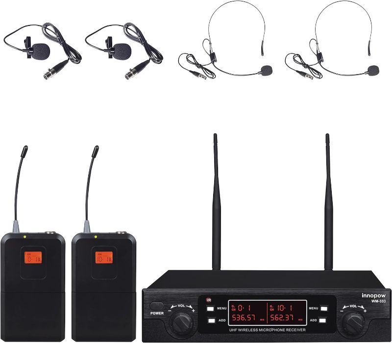 Photo 1 of innopow 200-Channel Wireless Lavalier Microphone, Dual UHF Bodypack Cordless Lavalier Mic System Set, Auto Scan, Long Range 200-240Ft, 16 Hours Use Ideal for Speaking, Classroom 2023 333B…
