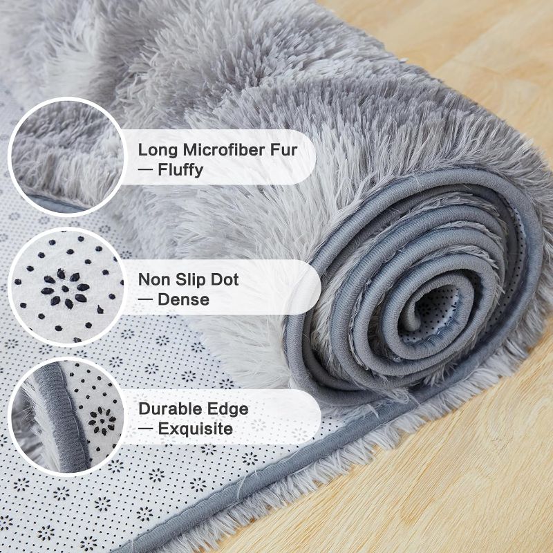 Photo 1 of Andency Shag Fluffy Area Rug 5x8 Feet, Tie-Dyed Light Grey Anti-Skid Fuzzy Plush Faux Fur Indoor Carpets for Living Room Bedroom, Durable Rectangular Nursery Rug for Kids Room Home Decor
