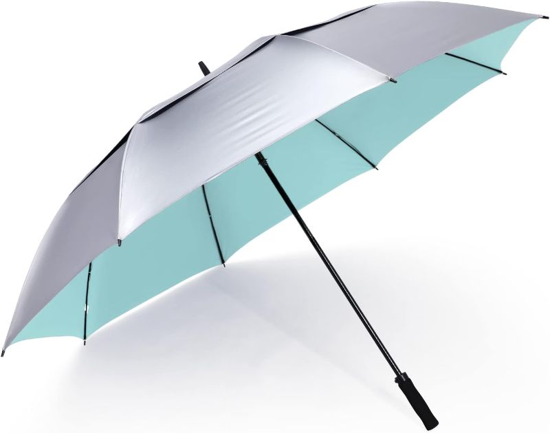 Photo 1 of G4Free 72 Inch Huge Golf Umbrella UV Protection Auto Open Windproof Umbrella Oversized Extra Large Vented Double Canopy Umbrella for Family (Silver/Lake Blue)
