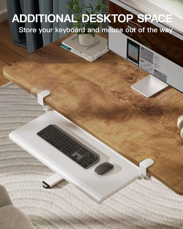 Photo 1 of HUANUO Keyboard Tray Under Desk, Ergonomic Large Keyboard Tray with C Clamp, Updated Metal Slide Rail Keyboard Tray Mouse Tray, Pull Out Platform Computer Drawer for Typing, 27.5" W x 12.2" D, White
