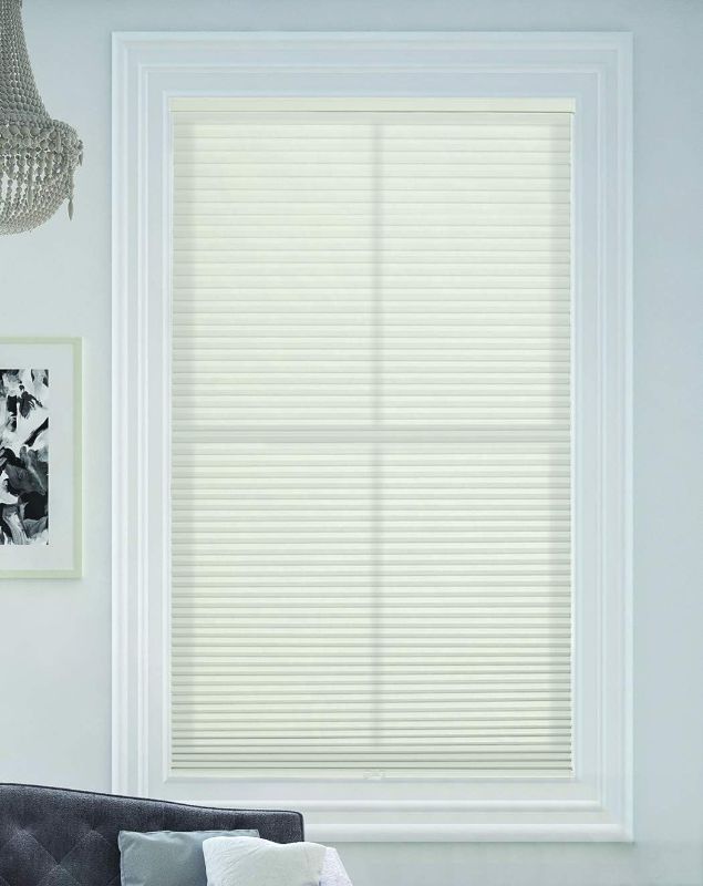 Photo 1 of BlindsAvenue Cellular Honeycomb Cordless Shade, 9/16" Single Cell, Light Filtering, White Dove, Size: 58.5" W x 48" H
