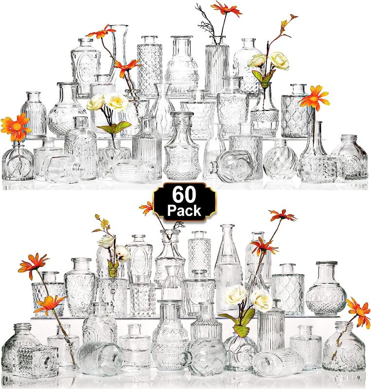 Photo 1 of Arme Glass Bud Vase Set of 60 Pcs, Small Clear Glass Bud Vases in Bulk for Flowers, Rustic Wedding Centerpieces and Vintage Decorations, Perfect for Home, Table and Events with Elegant Design
