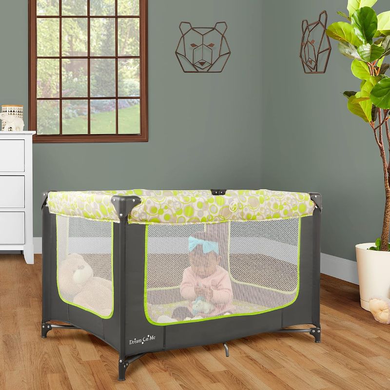 Photo 1 of Dream On Me Zodiak Portable Playard in Grey and Green, Lightweight, Packable and Easy Setup Baby Playard, Breathable Mesh Sides and Soft Fabric - Comes with a Removable Padded Mat
