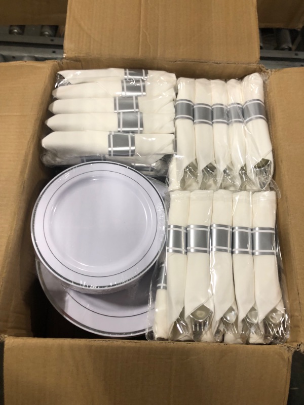 Photo 3 of AOZITA 600 Pcs Silver Plastic Dinnerware Set for 100 Guests, Disposable Plastic Plates for Party Wedding Birthday, 100 Dinner Plates, 100 Salad Plates, 100 Spoons, 100 Forks, 100 Knives, 100 Cups
