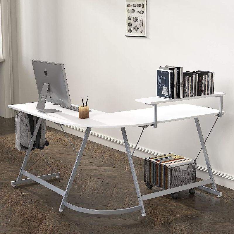 Photo 1 of SHW Vista L-Shape Desk with Monitor Stand, White
