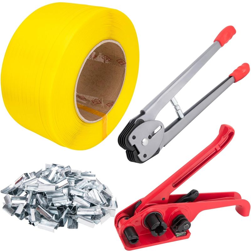 Photo 1 of Banding Strapping Kit, Pallet Strapping Kit, Poly Strapping Kit, Plastic Strapping Kit Include Pallet Packaging Strapping Tool, Sealer Tools 3200' Length x 1/2" Wide and 200 Metal Seals
