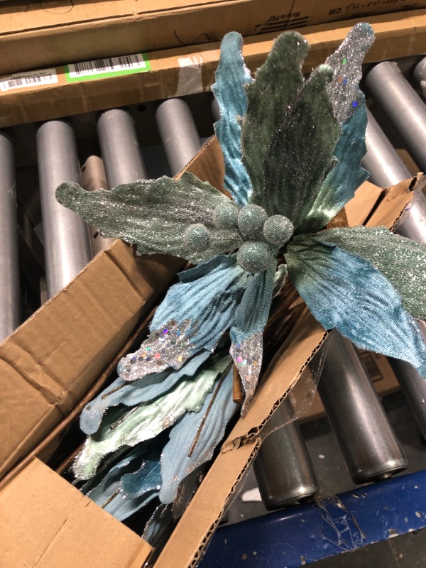 Photo 1 of 12'' Large Heads Christmas Glitter Poinsettia Flowers Christmas Tree Ornaments Set of 4 Artificial Flowers with Long Stems for Xmas Tree Party DIY Holiday Decorations, Light Blue Light Blue#25 12'' POINSETTIA / 4PCS