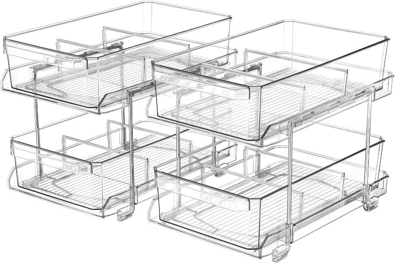 Photo 1 of 2 Set, 2 Tier Clear Organizer with Dividers for Cabinet / Counter, MultiUse Slide-Out Storage Container - Kitchen, Pantry, Medicine Storage Bins, Bathroom, Vanity Makeup, Under Sink Organizing
