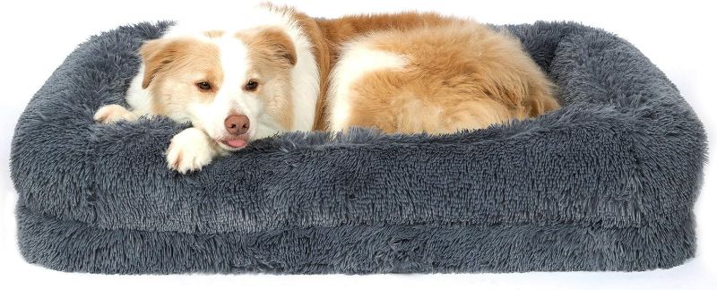 Photo 1 of 2 in 1 Calming Dog Beds for Large Dogs, Dual Layer Orthopedic Egg Crate Foam & Memory Foam Faux Fur Shag Pet Mattress Warming Rectangle Cuddle Bed Comfy Anti Anxiety, Washable Cover Anti-Slip

