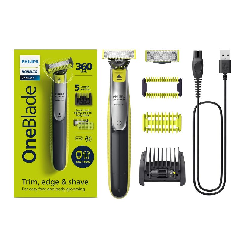 Photo 1 of Philips Norelco OneBlade 360 Face + Body, Hybrid Electric Razor and Beard Trimmer for Men with 5-in-1 Face Stubble Comb and Body Hair Trimmer Kit, QP2834/70
