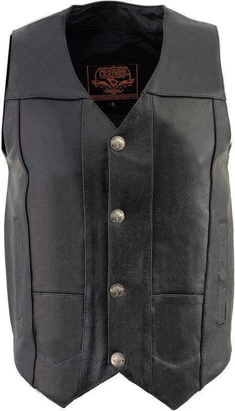 Photo 1 of Milwaukee Leather LKM3700 Men's Black Leather Classic V-Neck Motorcycle Rider Vest w/Buffalo Nickel Snaps Closure - 2X-Large
