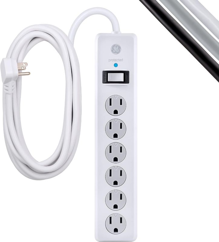 Photo 1 of GE 6-Outlet Surge Protector, 20 Ft Extension Cord, Power Strip, 800 Joules, Flat Plug, Twist-to-Close Safety Covers, Protected Indicator Light, UL Listed, White, 50770
