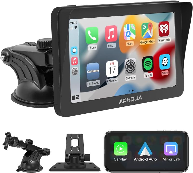 Photo 1 of APHQUA A2 Newest Portable Wireless Apple CarPlay and Android Auto Car Radio Stereo with Sunshade, 7 inch IPS Touchscreen Bluetooth 5.0 Hands Free Call, Mirror Link/GPS/Siri for All Vehicles & Trucks
