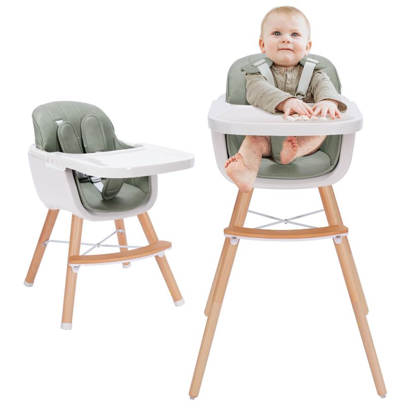 Photo 1 of Baby High Chair, 3-in-1 Convertible Wooden High Chair with Adjustable Legs & Double Dishwasher Safe Tray, High Chairs for Babies and Toddlers, Made of Sleek Hardwood & Premium Leatherette GREEN