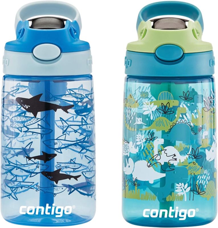 Photo 1 of Contigo Aubrey Kids Cleanable Water Bottle with Silicone Straw and Spill-Proof Lid, Dishwasher Safe, 14oz 2-Pack, Dinos & Sharks
