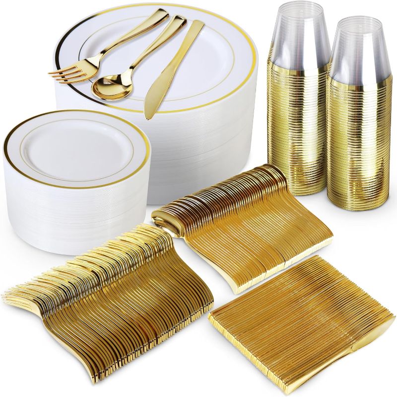 Photo 1 of 600 Piece Gold Dinnerware Set – 200 White and Gold Plates – Set of 300 Gold Plastic Silverware – 100 Plastic Cups – Disposable Gold Dinnerware Set for Party - 100 Guests
