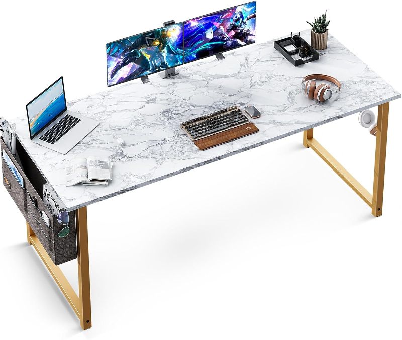 Photo 1 of ODK 63 inch Super Large Computer Writing Desk Gaming Sturdy Home Office Desk, Work Desk with A Storage Bag and Headphone Hook, White Marble + Gold Leg
*CORNER CHIP*