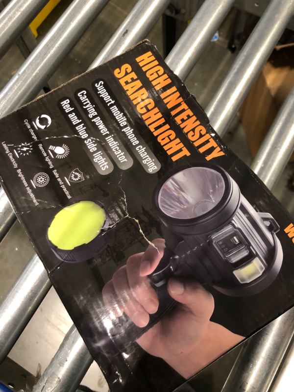 Photo 1 of Rechargeable Spotlight Flashlight, Super Bright 900,000 Lumens Spotlight with 3 Main Modes and 4 Colors Filter, Led Spot Lights Outdoor Handheld Included USB Cable, for Boating Hunting Camping
*charger missing*