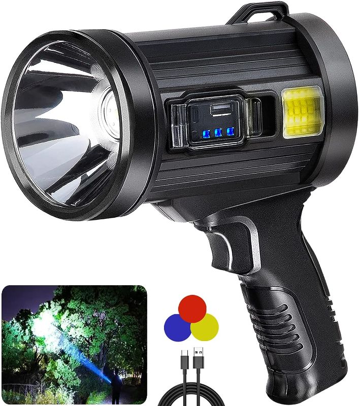 Photo 1 of Rechargeable Spotlight Flashlight, Super Bright 900,000 Lumens Spotlight with 3 Main Modes and 4 Colors Filter, Led Spot Lights Outdoor Handheld Included USB Cable, for Boating Hunting Camping
*charger missing*