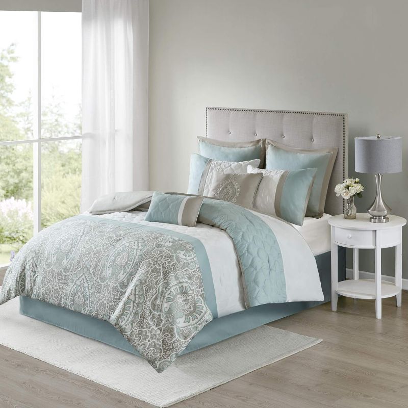 Photo 1 of 510 DESIGN Luxe Quilted Comforter Set Modern Transitional Design, All Season Down Alternative Warm Bedding Matching Shams, Bedskirt, Decorative Pillow, Queen, Shawnee Scrollwork Seafoam
not exact picture*