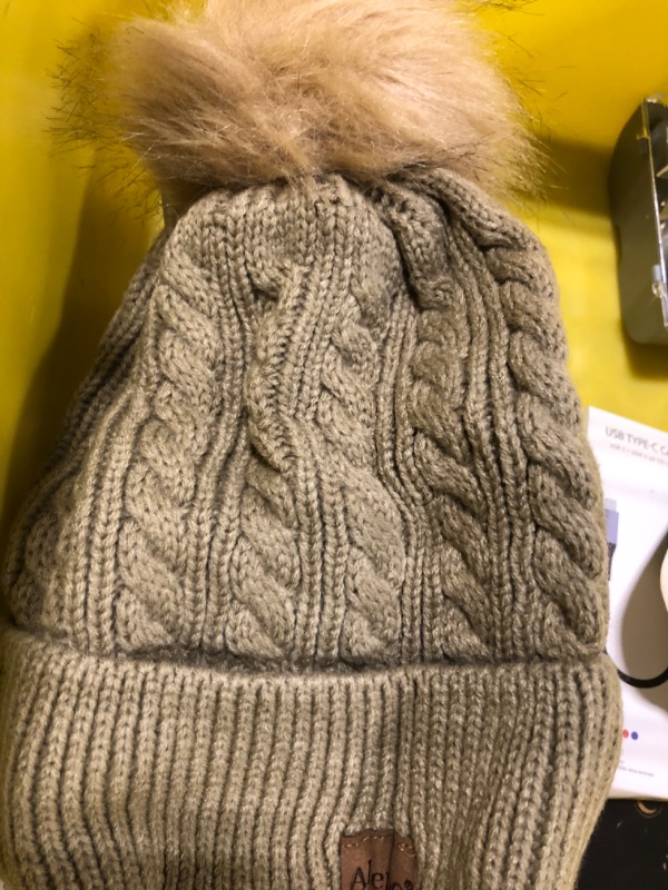 Photo 3 of Alepo Womens Winter Beanie Hat, Warm Fleece Lined Knitted Soft Ski Cuff Cap with Pom Pom One Size Beige