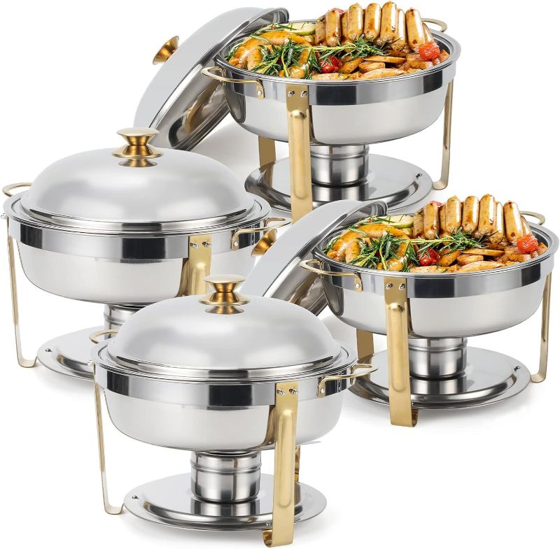 Photo 1 of Amhier 5 Qt Chafing Dish Buffet Set with Stainless Steel Lid, Round Chafers and Buffet Warmers Sets with Food and Water Trays for Catering, Parties, Hotels and Weddings, Gold, 4 Pack