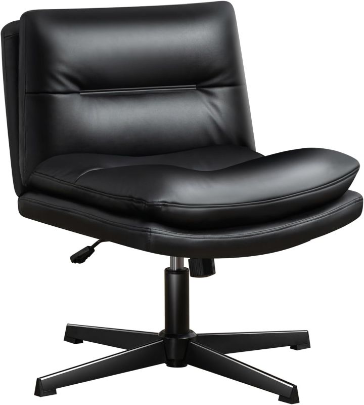 Photo 1 of Darkecho Office Chair Armless Desk Chair No Wheels,Thick Padded Leather Home Office Chairs, Adjustable Swivel Rocking Vanity Chair, Wide Task Computer Chair for Office,Home,Bedroom Black
