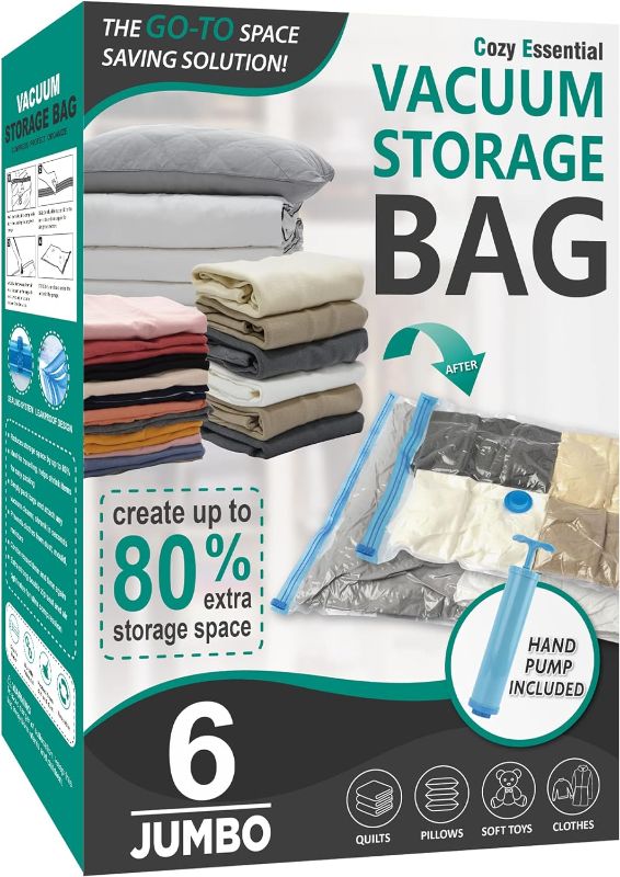 Photo 1 of 6 Jumbo Vacuum Storage Bags, Space Saver Bags Compression Storage Bags for Comforters and Blankets, Vacuum Sealer Bags for Clothes Storage, Hand Pump Included
