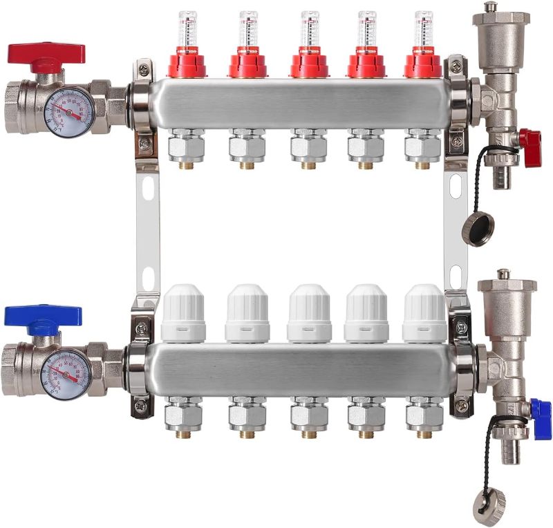 Photo 1 of 5-Branch Radiant Heat Manifold,Stainless Steel PEX Manifold with Compatible Outlets for Hydronic Radiant Floor Heating (1/2" Adapters included)
