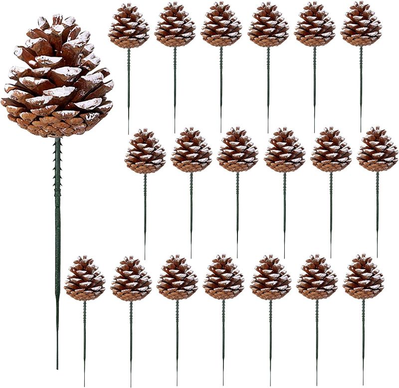 Photo 1 of 10 Pieces Christmas Pine Cones Decorations Picks - Snow Pine Cone for Xmas Tree Garland Wreath Ornaments Pinecones Decorating Winter Holidays Home
