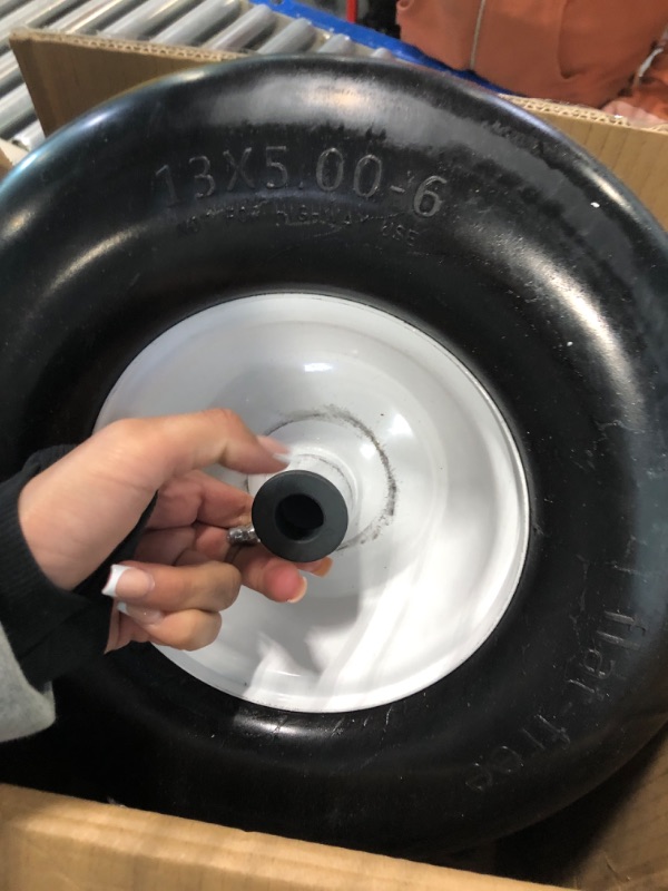 Photo 2 of 13x5.00-6" Flat Free Lawn Mower Tire, Zero Turn Mower Front Tire,Lawn Garden Turf Solid Tire and Wheel Assembly with Steel Rim, 3/4" Grease Bushing and 3.25"-5.9" Centered Hub, 1 pack