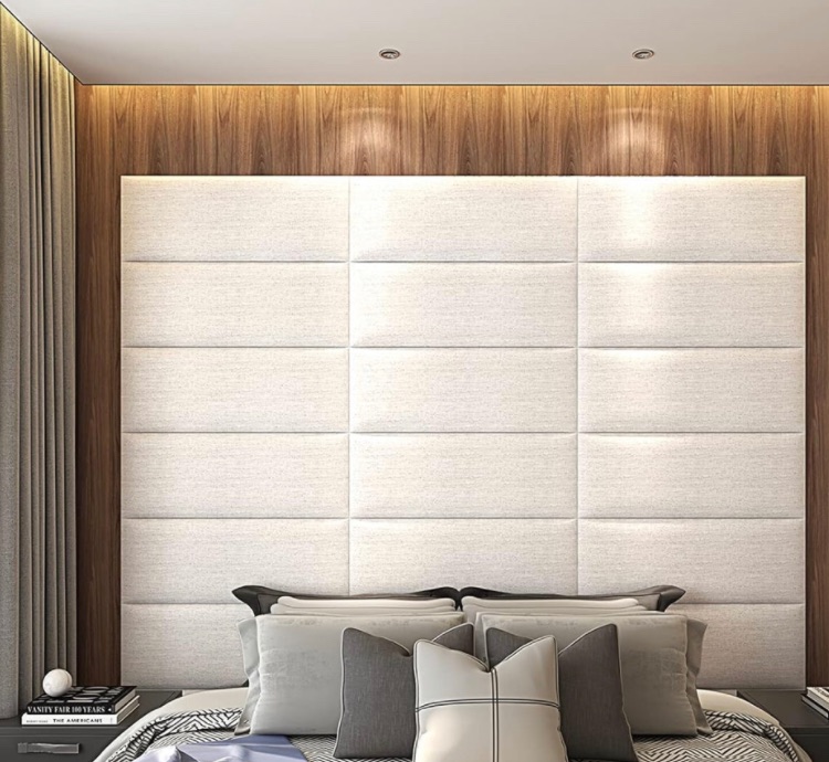 Photo 2 of Art3d Peel and Stick Headboard for Full and Queen in White, Pack of 9 Panels Sized 9.84" x 23.62", 3D Soundproof Wall Panels, Upholstered Wall Panel 9.85"x23.62"x1.18" White 9