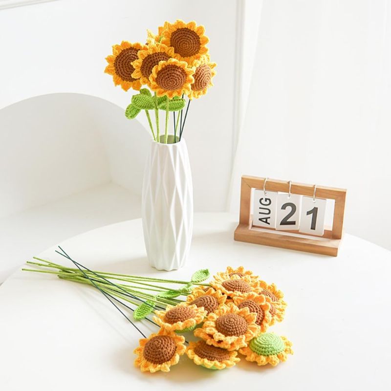 Photo 1 of 12pcs Crochet Flowers, Handmade Knitted Sunflower, Fake Artificial Flowers for Home Decoration Mother's Day, Birthday Wedding Valentine's Day Gift