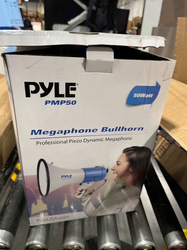 Photo 2 of PylePro PMP50 50 Watt 1,200 Yard Sound Range Portable Bullhorn Megaphone Speaker with Built In MP3 Input Jack and Loud Siren Alarm, Blue