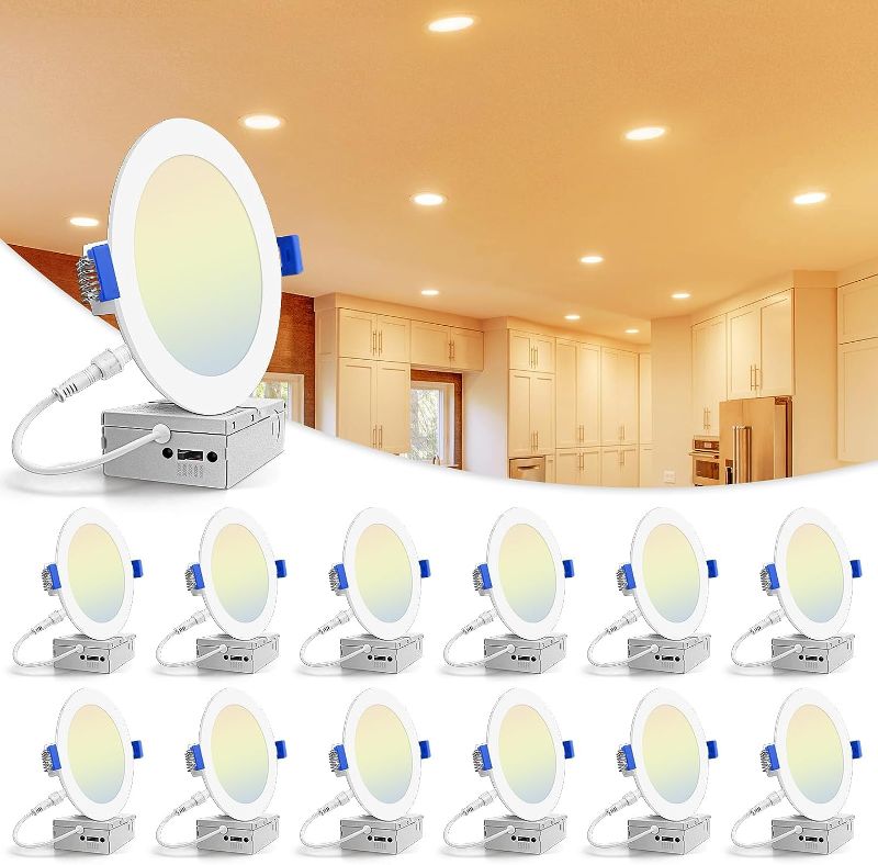 Photo 1 of VOLISUN 12 Pack 6 inch Recessed Lighting, 5CCT LED Recessed Light with Junction Box, 2700K-5000K Selectable, 13W Eqv 120W, 1080LM Dimmable Canless Wafer Downlight, LED Ceiling Light ETL Certificated