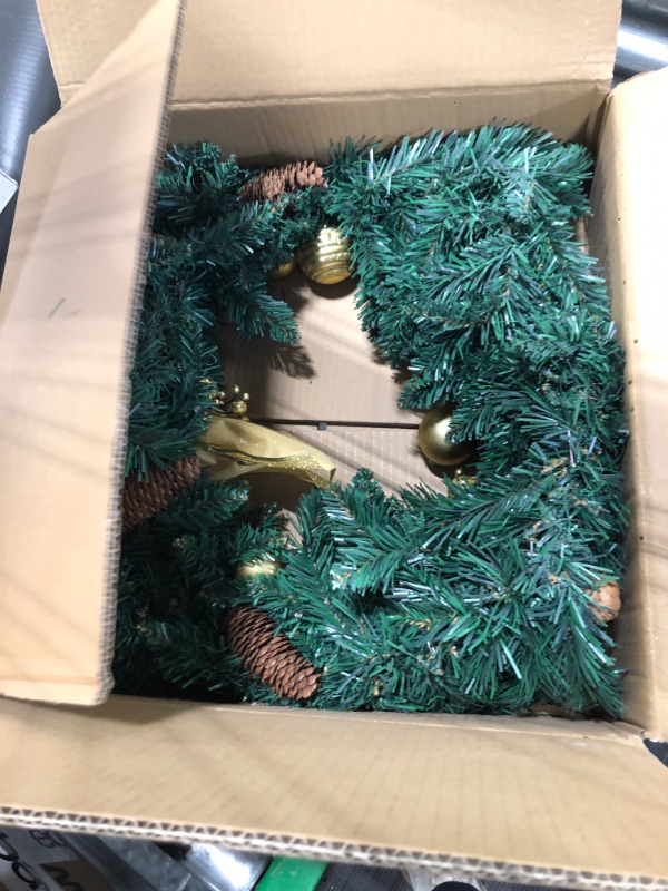 Photo 3 of 24" Christmas Wreath with 15" Hanger for Front Door Pre-Lit Artificial Wreath with 50 Battery Operated LED Lights Winter Xmas Wreaths with Gold Bowknot,Pine Cones,Gold Balls,Berries